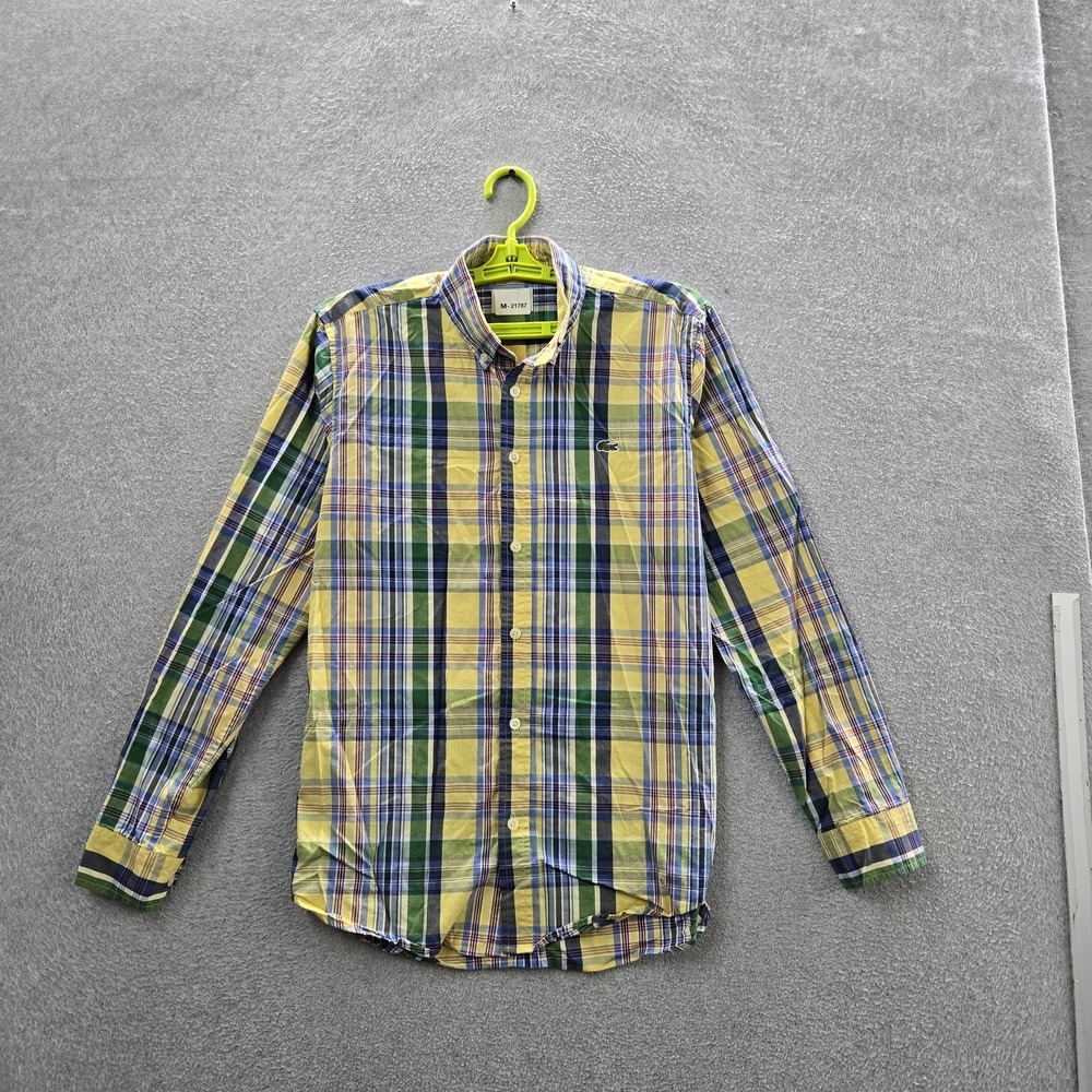 Lacoste Men Button Up Shirt 38 Yellow Embroidered Madras Plaid Long Sleeve Logo